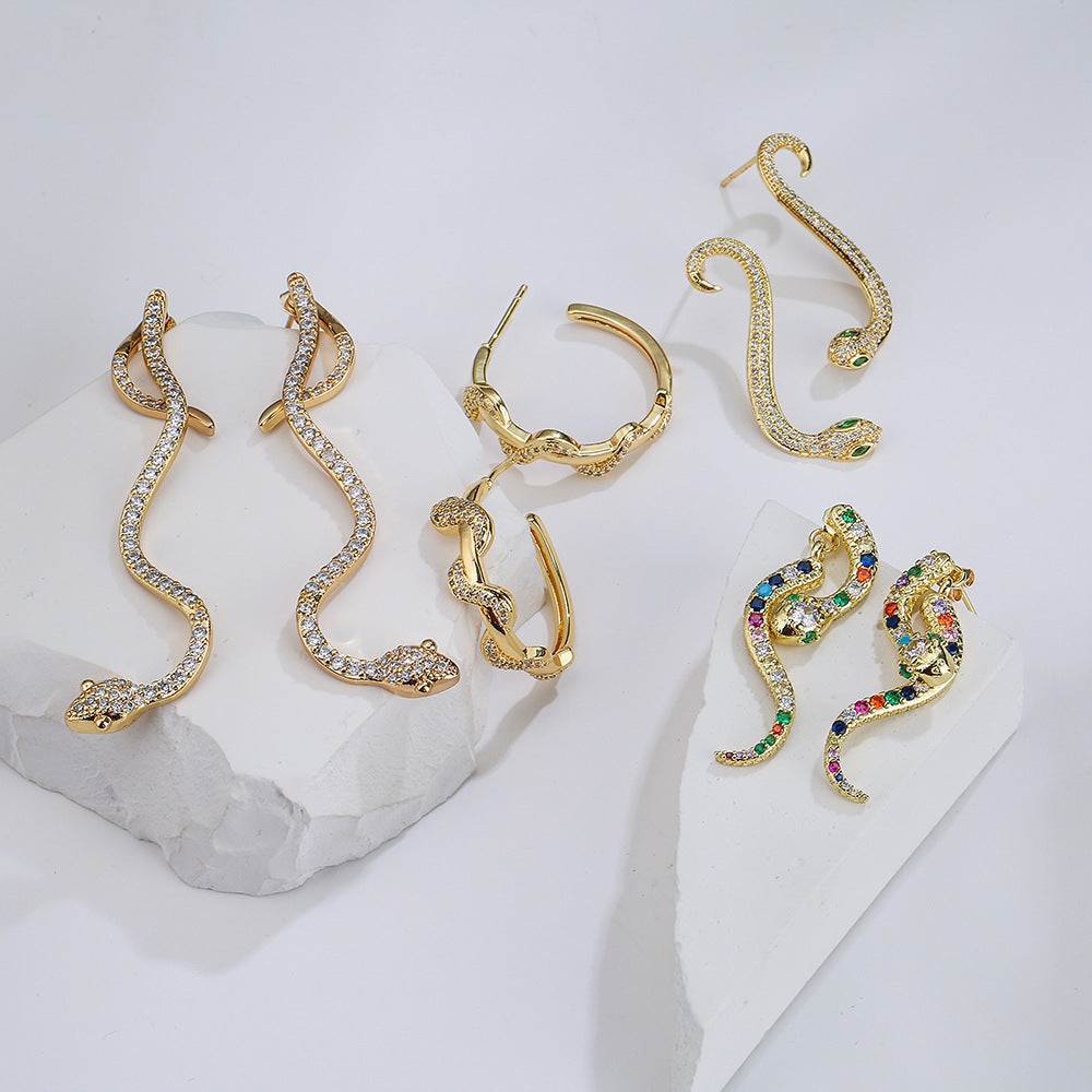 Ins Style Geometric Snake Shape Copper Earrings for Women with 18K Gold Plating and Zircon Inlay