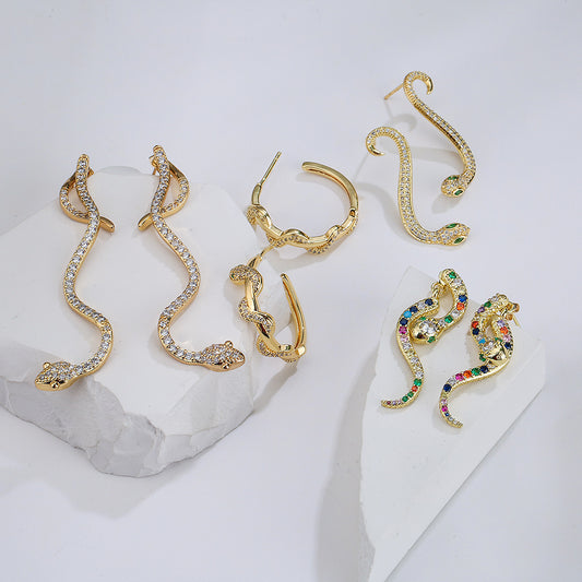 Ins Style Geometric Snake Shape Copper Earrings for Women with 18K Gold Plating and Zircon Inlay