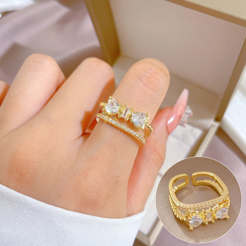 Luxury Minimalist Plated Brass Crown Rhinestone Adjustable Ring for Women