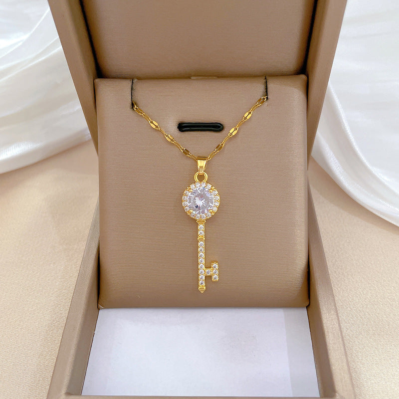 Collar de acero de titanio geométrico minimalista de lujo con incrustaciones de diamantes de imitación para mujer