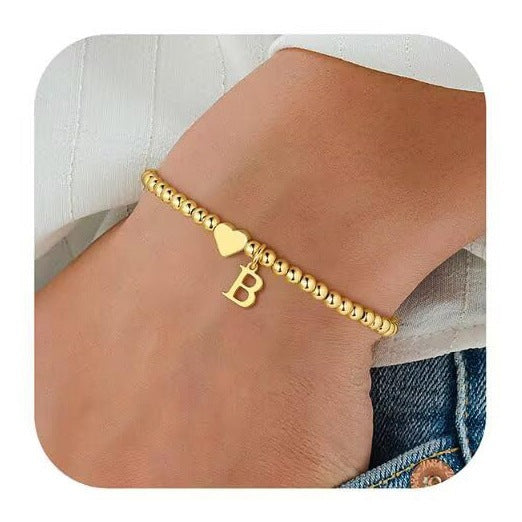Gold Plated Stainless Steel Heart Letter Charm Bracelet for Women