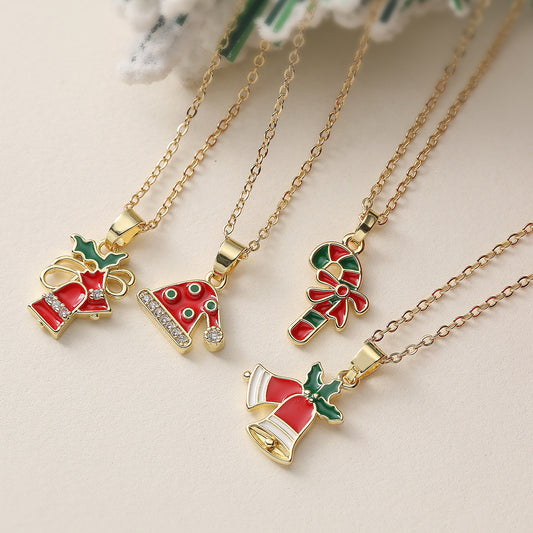 Christmas Geometric Drip Oil Gold Plated Brass Bell Pendant Necklace for Women
