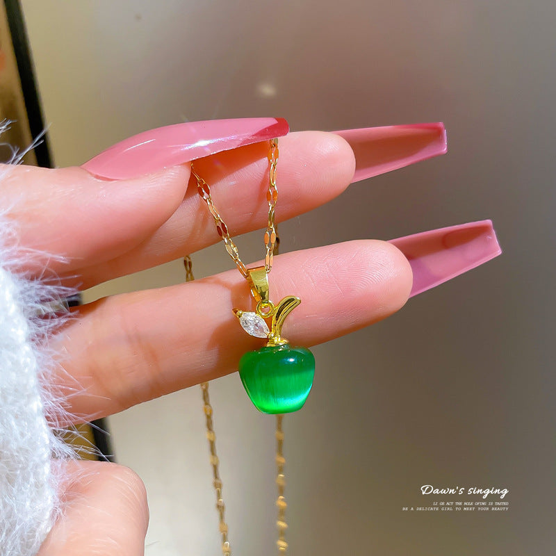 Cartoon Fresh and Sweet Titanium Steel Geometric Apple Pendant Necklace with Rhinestone Inlay