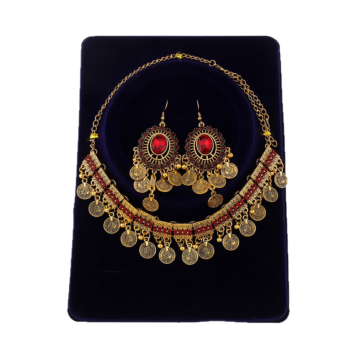 Set Collana e Orecchini Bohemian Vintage con Fantasia Geometrica, Ciondolo Imitazione Perla, Intarsio di Strass, Nappina e Catena Regolare