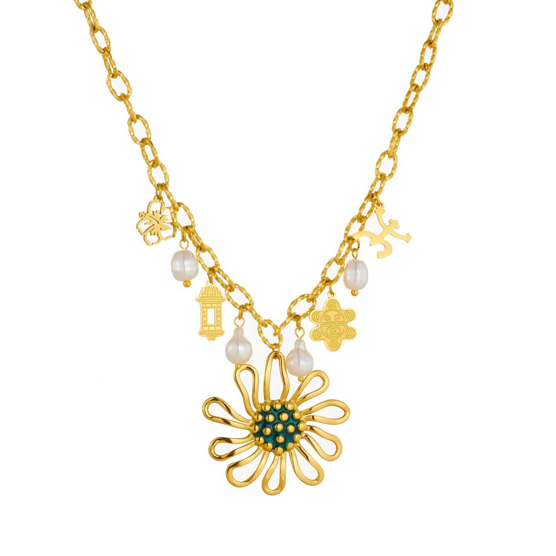 Gold Plated Stainless Steel Sunflower Charm Bar Necklace with Cable Chain for Women