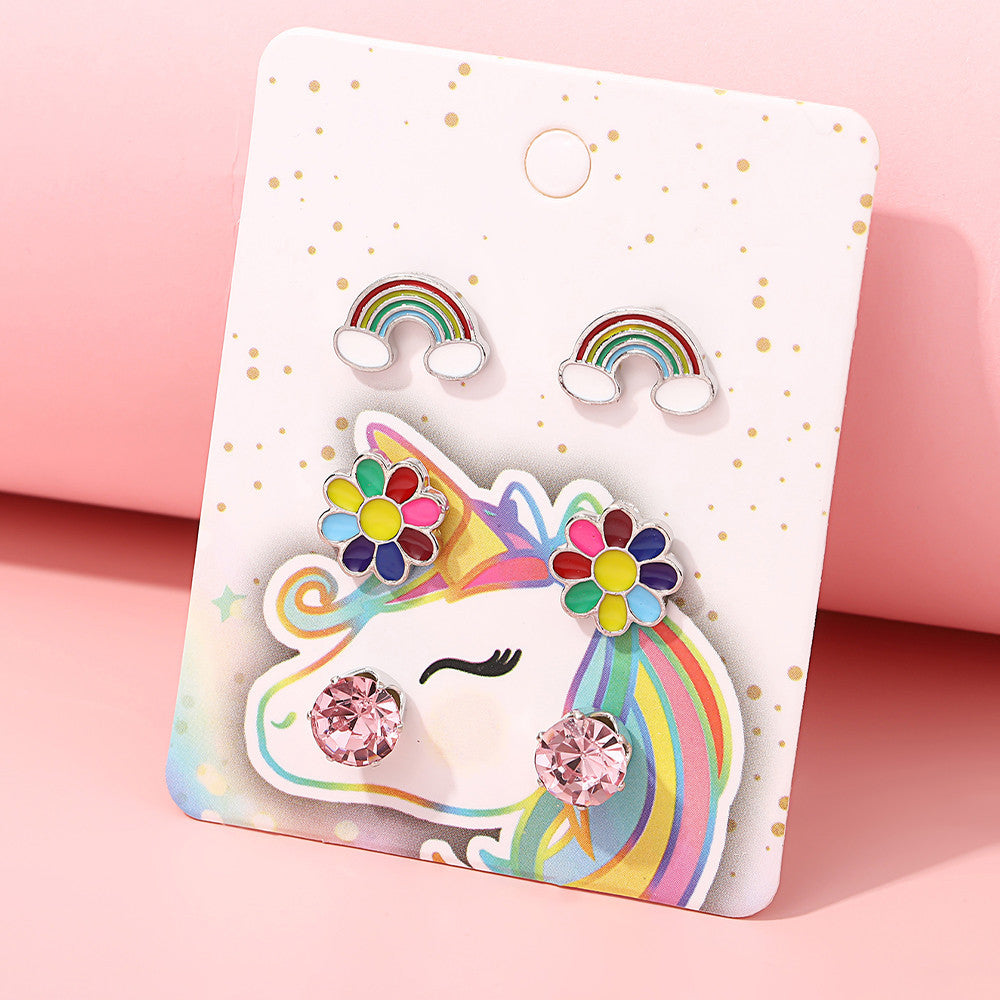 Juego de pendientes de unicornio de dibujos animados con arcoíris para niños, aleación con acabado esmaltado e incrustaciones de cristal rosa