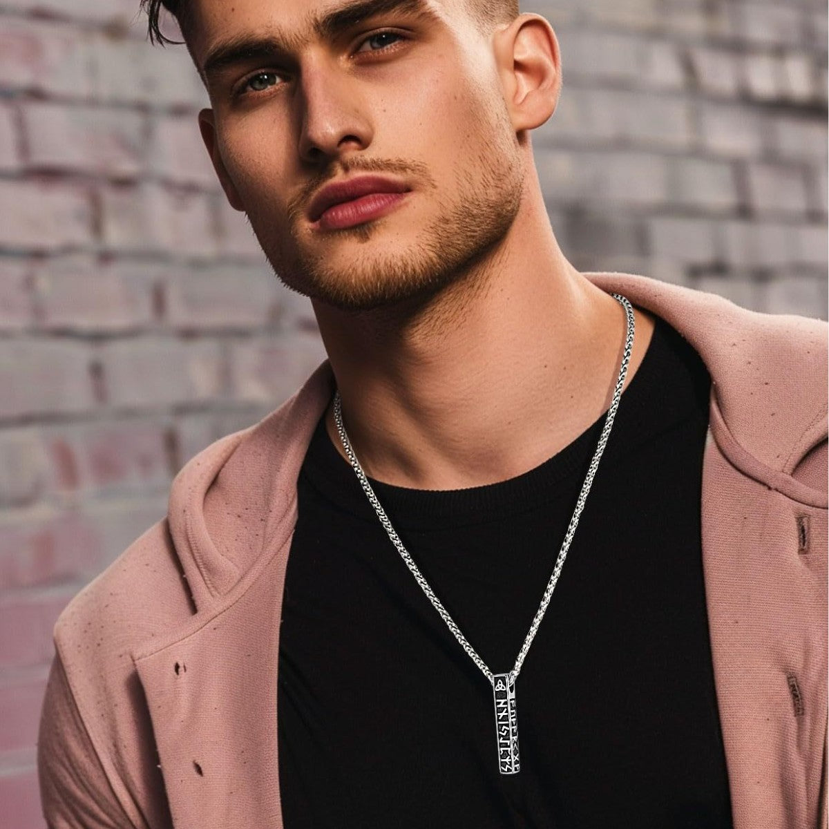 Minimalist Geometric Viking Rune and Celtic Knot Pendant Necklace in Stainless Steel with Polished Finish