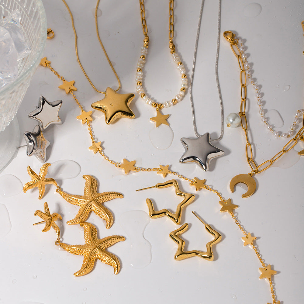 Orecchini minimalisti in acciaio inossidabile a forma di stella con placcatura in oro, design a cerchio sicuro per le donne