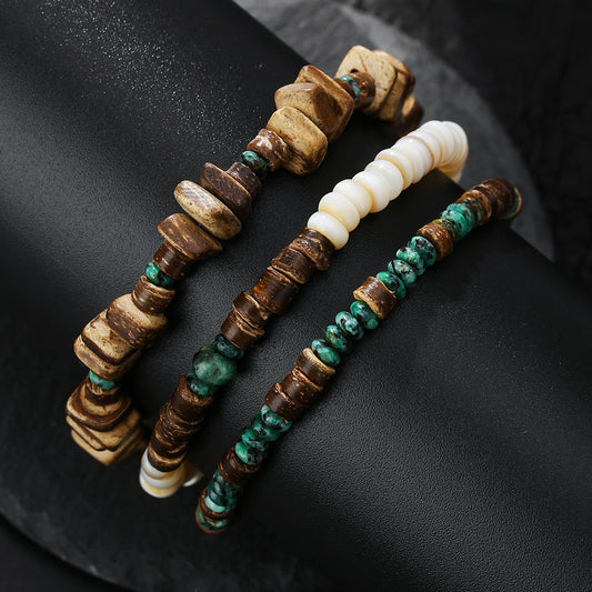 Maillard Tone Geometric Round Wood Bead Stainless Steel Bracelet