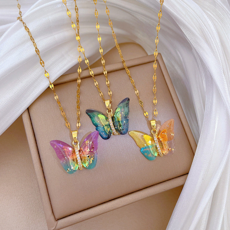 Butterfly-Shaped Titanium Steel Necklace with Rhinestone Inlay for Women, Delicate Clavicle Chain in Minimalist and Sweet Style