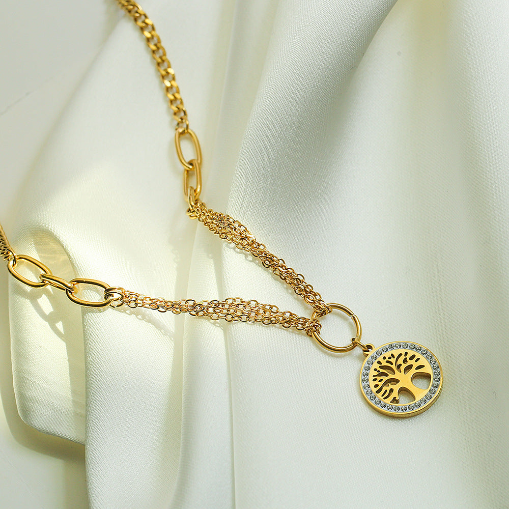 Minimalist Geometric Tree of Life Pendant Necklace for Women in Titanium Steel with Zircon Inlay