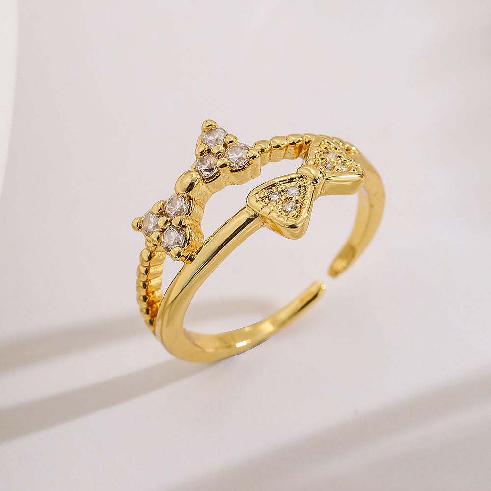 Minimalist Geometric Bowknot Opening Ring for Women in Copper with Gold Plating and Cubic Zirconia Inlay