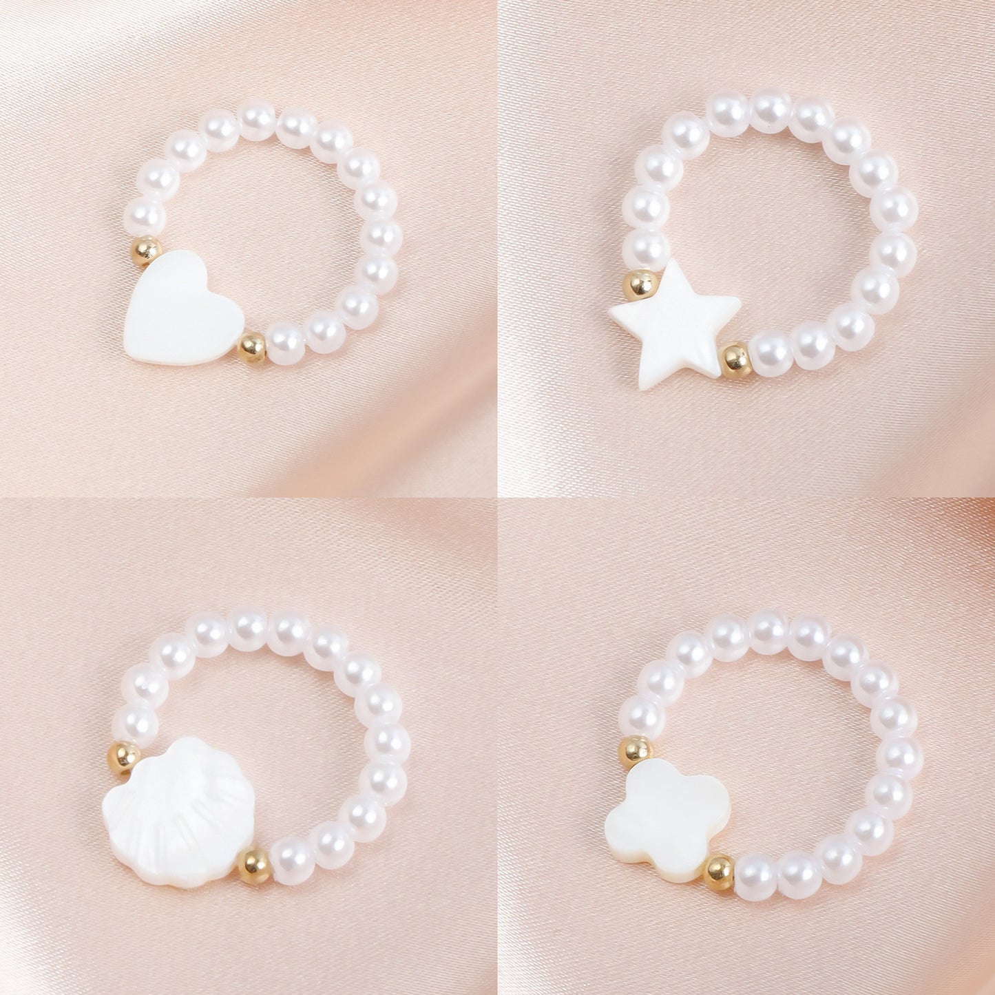 Anillo dulce y atrevido de perlas elásticas pequeñas con dije de corazón de nácar en metal chapado para mujer