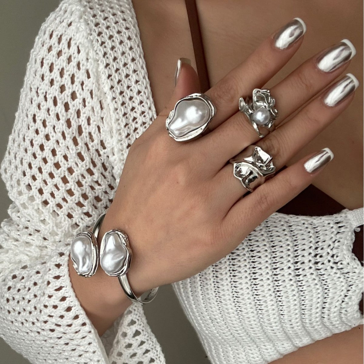 Minimalist Casual Geometric Plated Pearl Ring Set