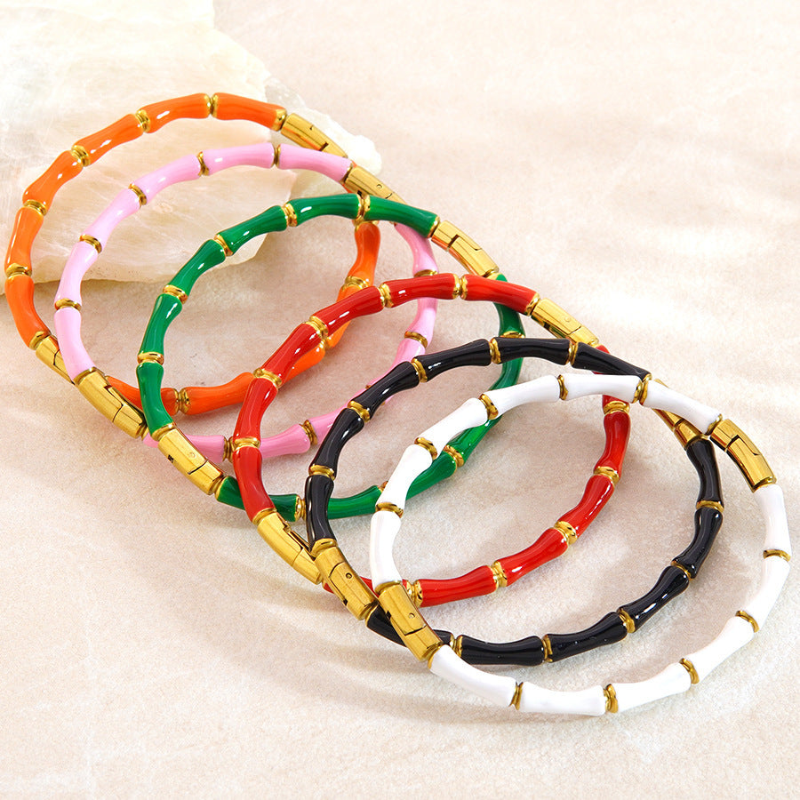 Pulsera de acero inoxidable chapado en oro de 18 quilates con bambú, estilo casual de moda