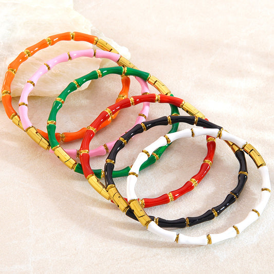 Pulsera de Acero Inoxidable Bambú con Baño de Oro de 18K, Estilo Casual y Elegante