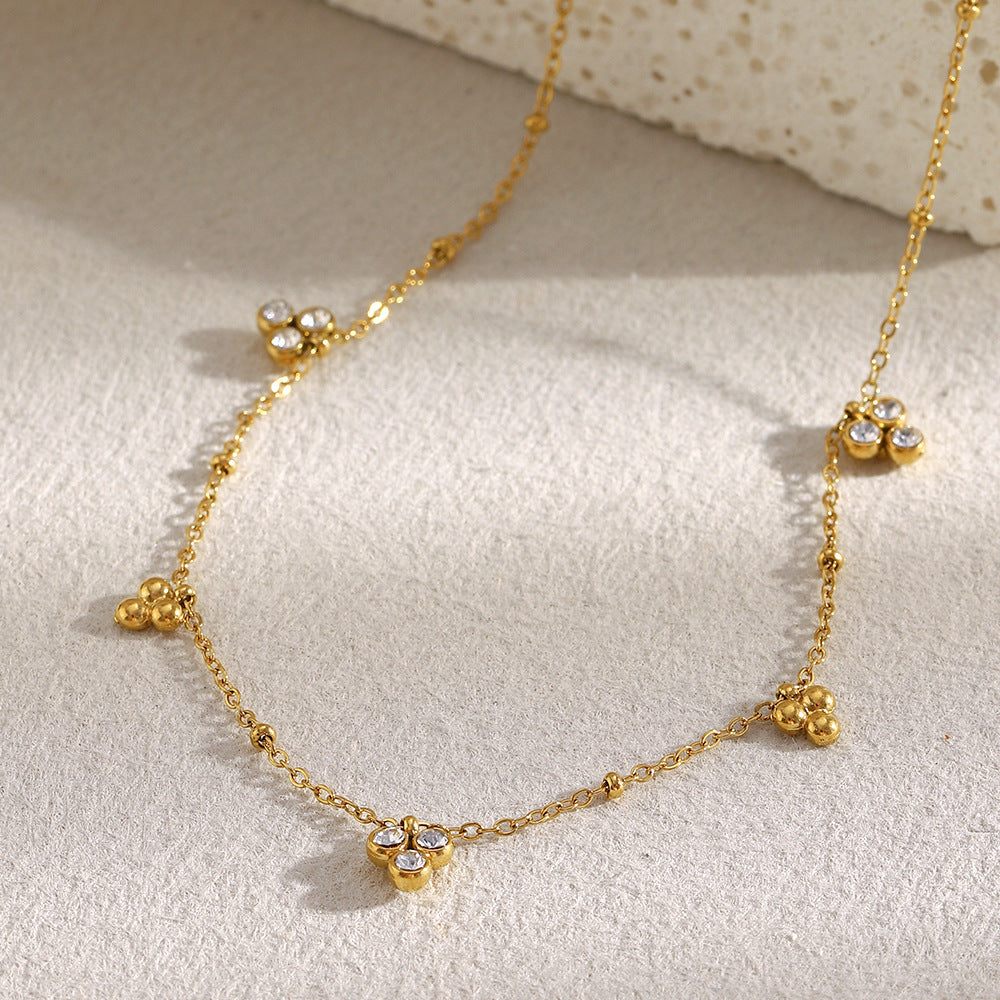 Minimalist Geometric Pendant Necklace for Women in Stainless Steel with 18K Gold Plating and Three Zirconia Bead Accents