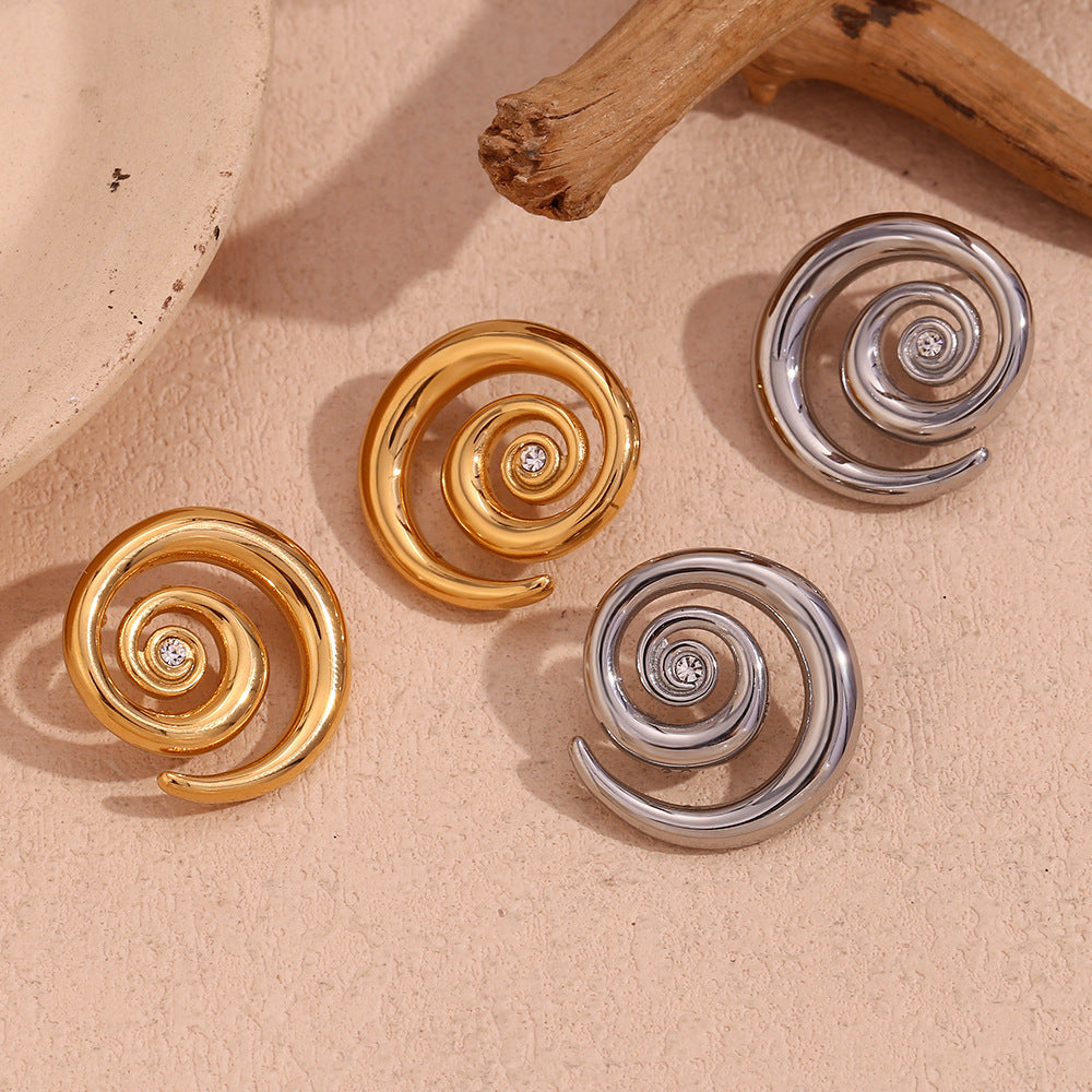 Fashionable Geometric Stainless Steel 18K Gold Plated Ear Cuffs with Micro-Pavé Zirconia and Spiral Design for Women
