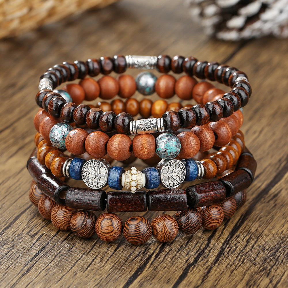 Vintage Ethnic Round Wood Beaded Tree of Life Bracelet for Men and Women
