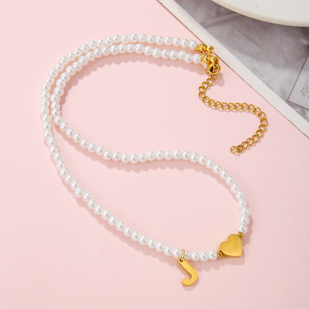Minimalist Letter Heart Stainless Steel Pearl Necklace Women Cable Chain