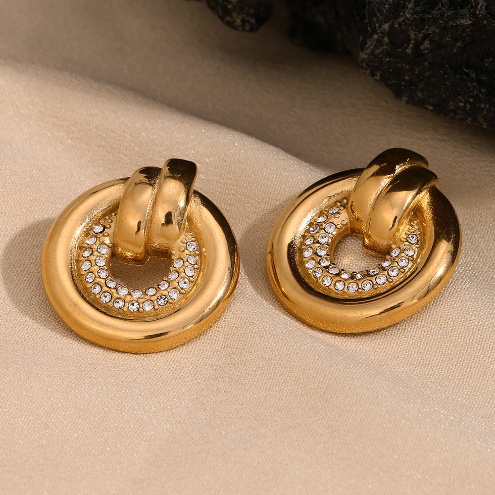 Vintage Elegant 18K Gold Plated Stainless Steel Round Geometric Rhinestone Stud Earrings for Women