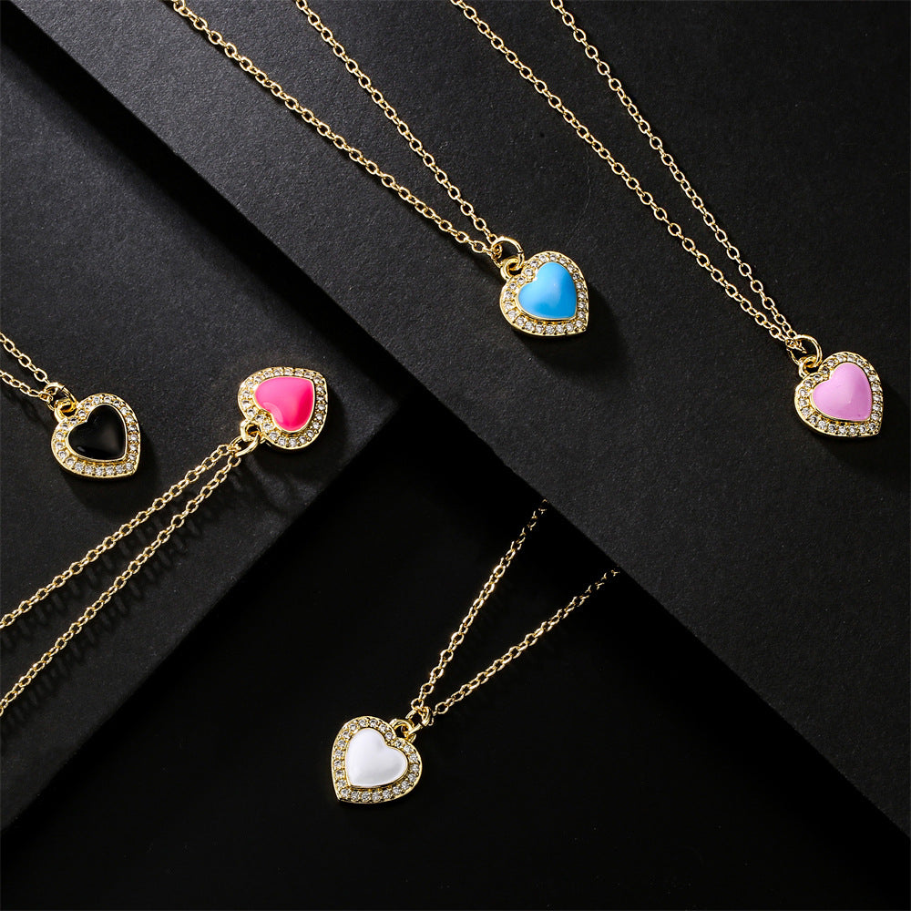 Elegant Heart Micro-Inlaid Cubic Zirconia Drip Oil Brass Pendant Necklace with Cable Chain