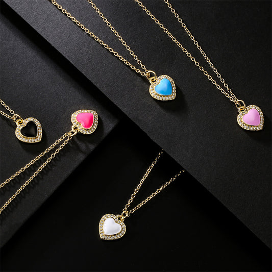 Elegant Heart Micro-Inlaid Cubic Zirconia Drip Oil Brass Pendant Necklace with Cable Chain