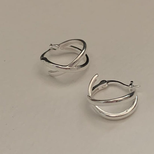 Minimalist Cross-Line Silver Earrings in 925 Sterling Silver with Gold Plating for Women