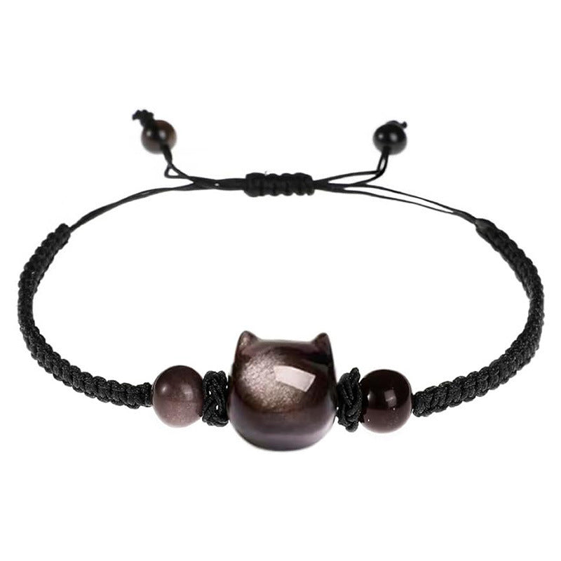 Sweet Animal Cat Obsidian Pink Crystal Bracelet for Unisex