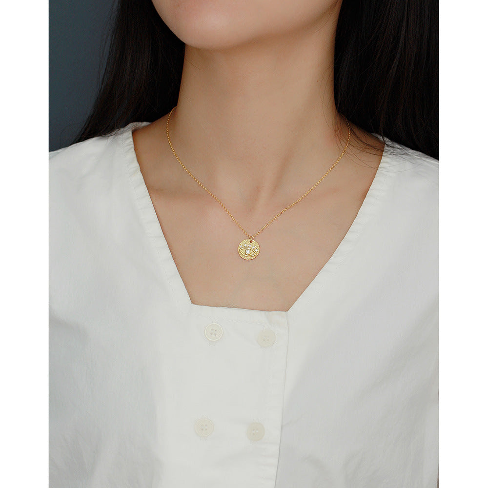 Minimalist Geometric Silver Coin Pendant Necklace with Evil Eye Charm, 925 Sterling Silver Snake Bone and O-Shape Layered Locket Chain