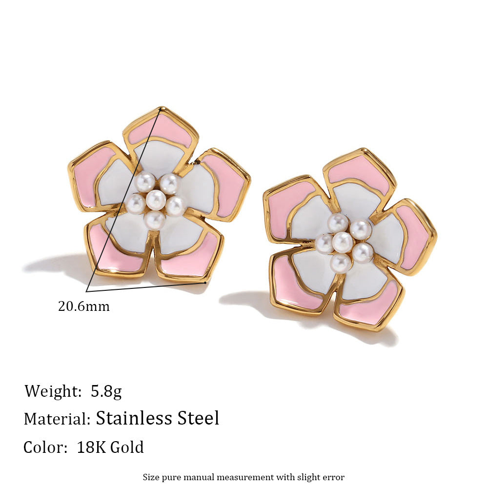 Collana pendente con petalo floreale alla moda da donna in acciaio inossidabile placcato oro 18 carati con dettagli in smalto