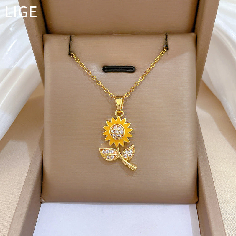 Sweet Elegant Drip Oil Rhinestone Sunflower Titanium Steel Necklace for Unisex