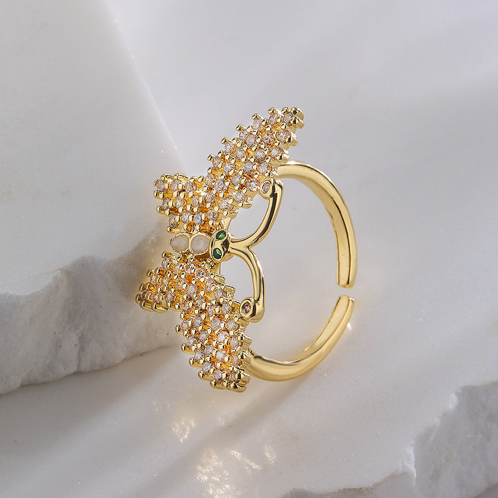 Butterfly-Shaped Geometric Open Ring for Women in Copper with 18K Gold Plating and Zircon Inlay