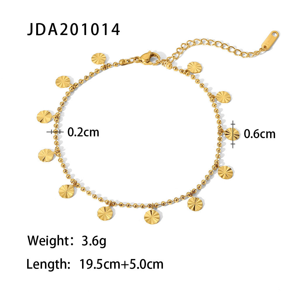 18K Gold Plated Stainless Steel Anklet for Women with Petal and Disc Pendants Figaro Style Minimalist Anklet Adjustable Foot Jewelry