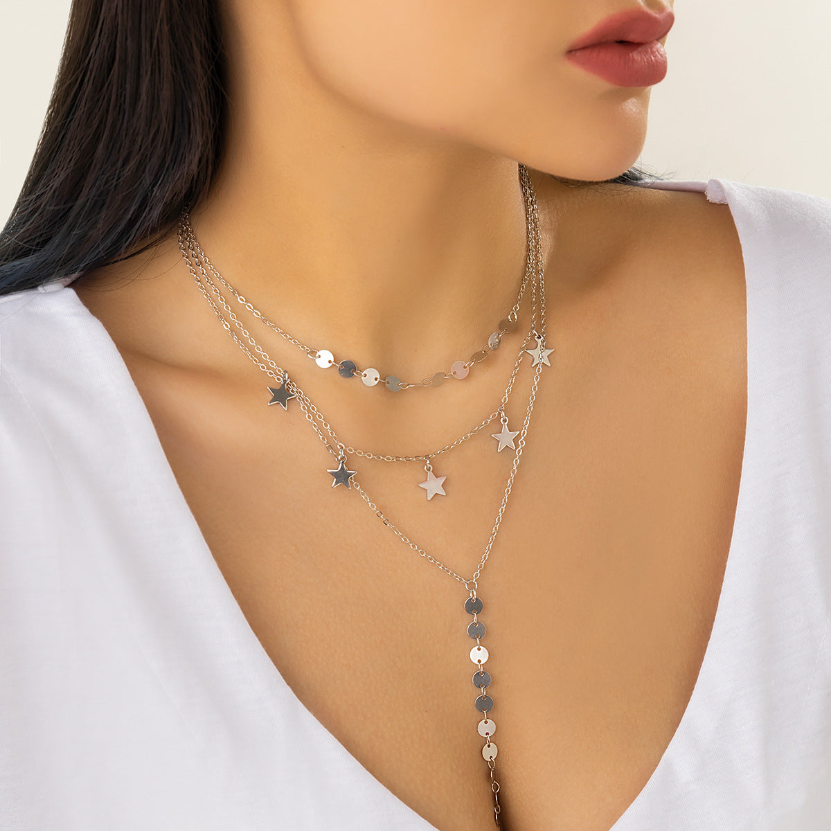 Hip-hop Geometric Star Tassel Brass Plated Alloy Pendant Multi-layer Curb Chain Necklace for Women