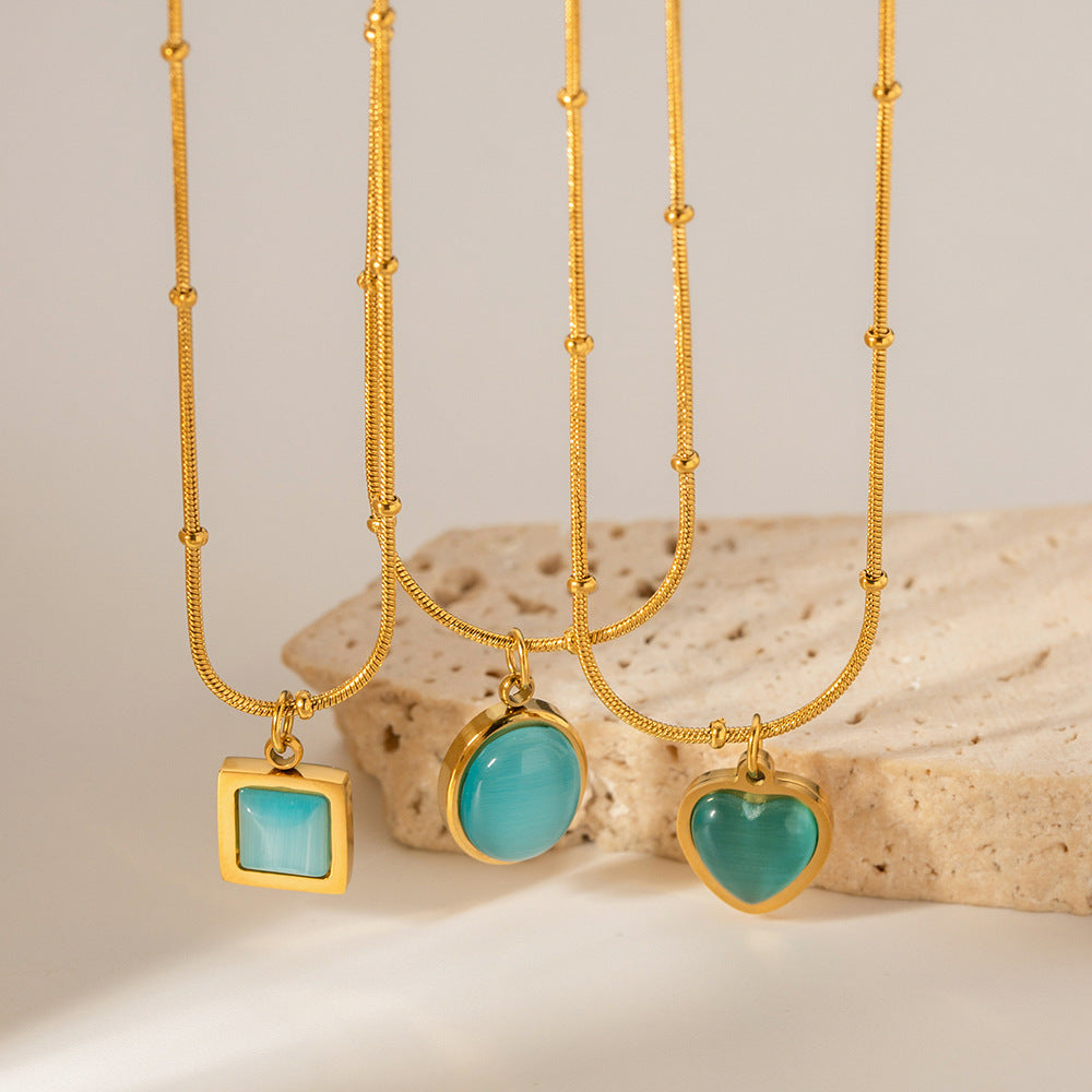 Collana pendente quadrata minimalista in acciaio inossidabile con pietra occhio di gatto blu, finitura galvanizzata per donna