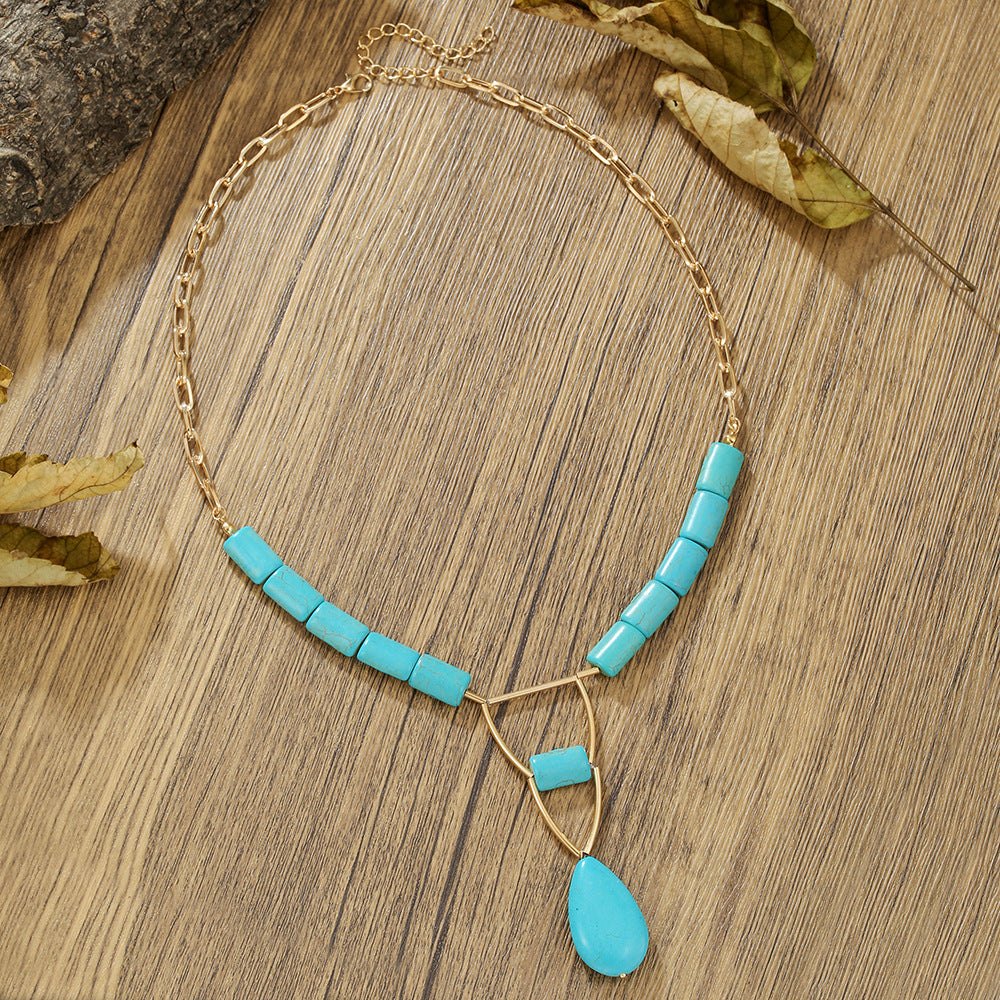 Bohemian Ethnic Geometric Butterfly Teardrop Heart Round Alloy Necklace with Turquoise and Pearl Inlay
