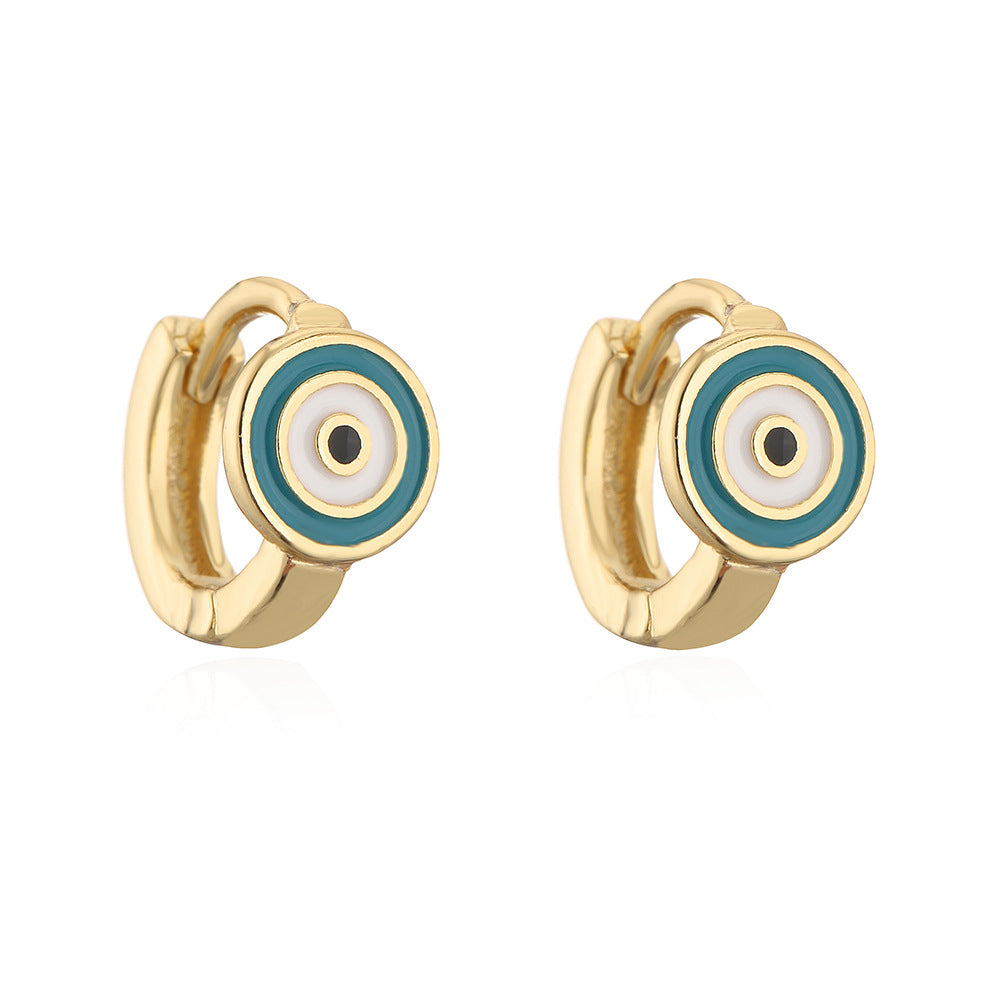 Orecchini a Cerchio Minimalisti Geometrici in Rame con Placcatura in Oro 18K e Dettaglio Occhio Smaltato da Donna