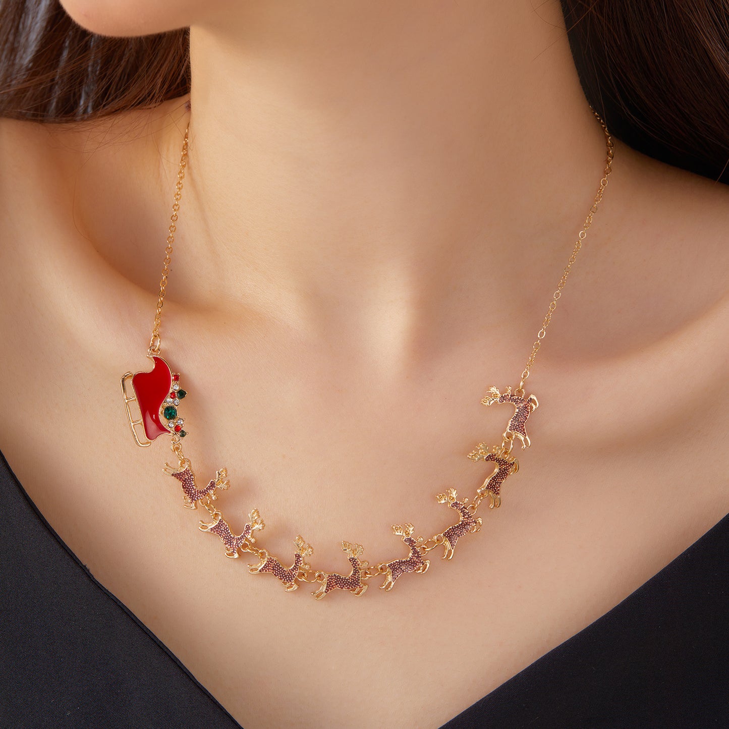 Christmas-Themed Pendant Necklace with Bell and Reindeer Charms, Zinc Alloy, Electroplated, Unisex Holiday Choker