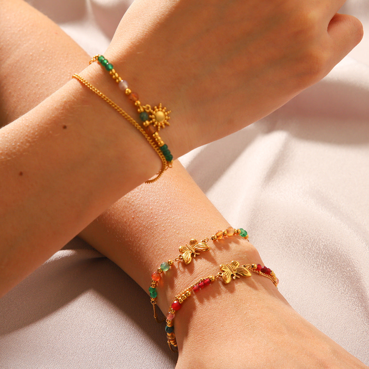Elegant French-Style Butterfly Beaded Bracelet for Women in Stainless Steel with Plated Finish