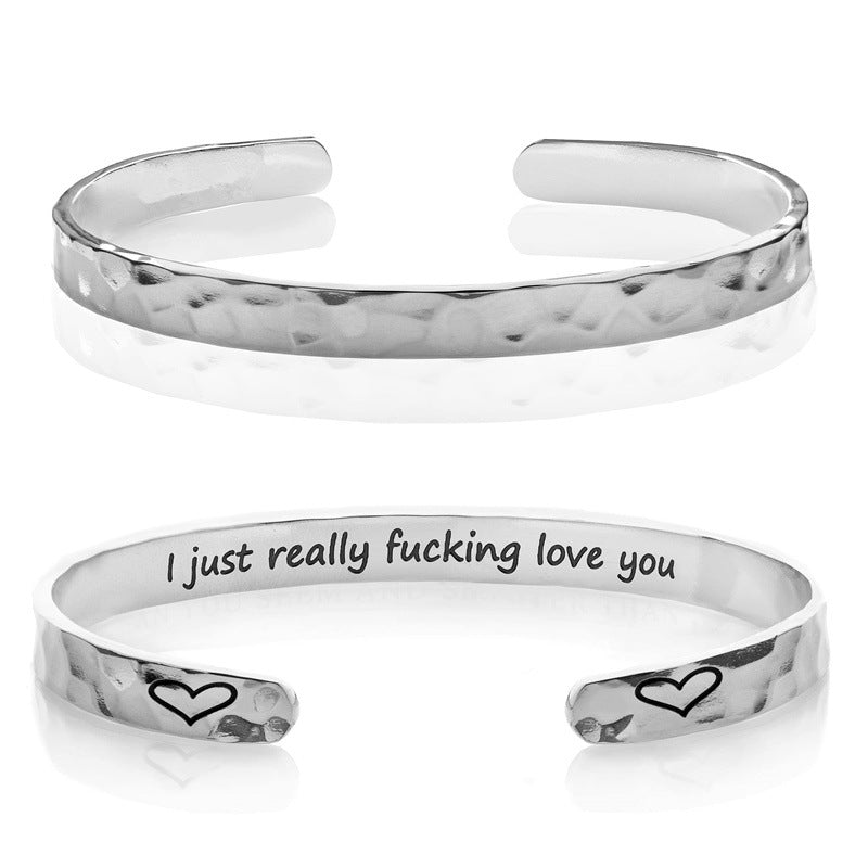 Minimalist Stainless Steel Engraved Open Moon Surface Textured Hammered Bracelet