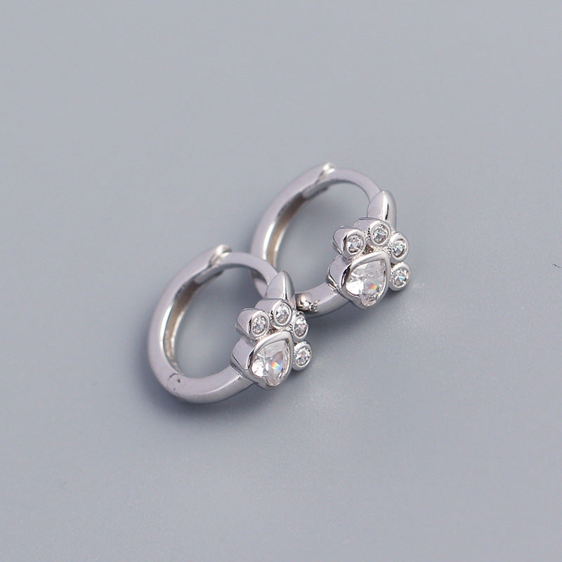 Sweet 925 Sterling Silver Inlaid Diamond Cat Paw Hoop Earrings