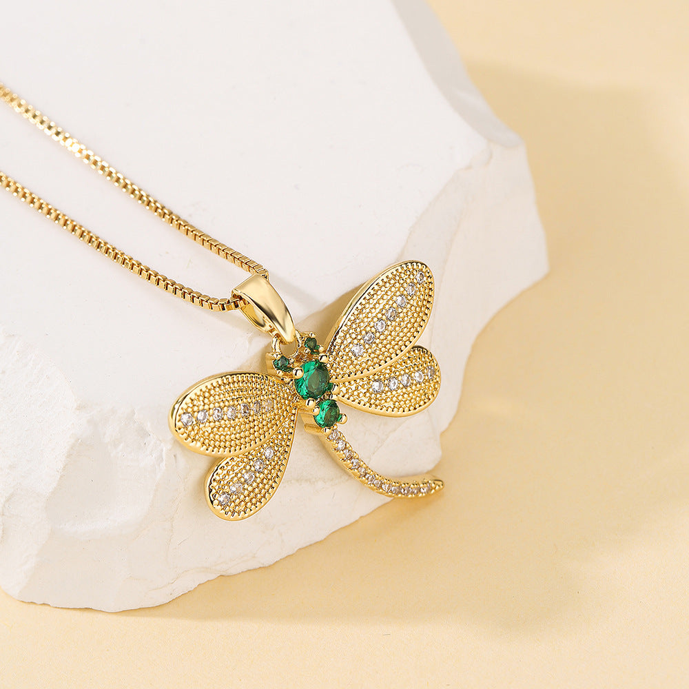 Minimalist Dragonfly Pendant Necklace for Women with Copper Base Plated in 18K Gold and Micro-Paved Zirconia
