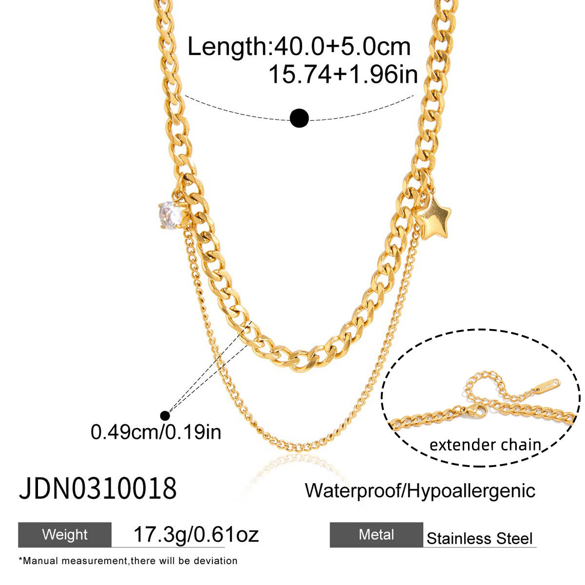 Minimalist Geometric Star Stainless Steel Necklace with Cubic Zirconia PVD Plated for Women