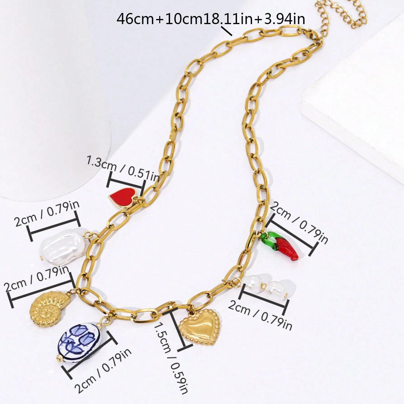 Plated Stainless Steel Heart Geometric Floral Pendant Corn Chain Necklace for Unisex DIY Charm Bar