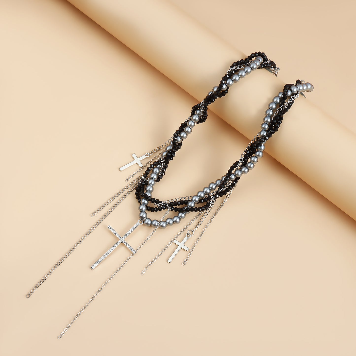 Fashionable Cross Pendant Necklace with Tassel and Glass Beads on Delicate Alloy Locket Chain for Women