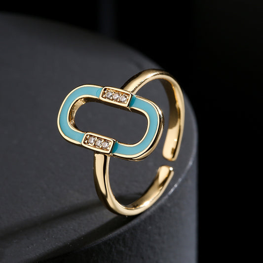 Anillo de Cobre Geométrico Minimalista con Baño de Oro de 18K y Detalles de Circonita Esmaltada para Mujer