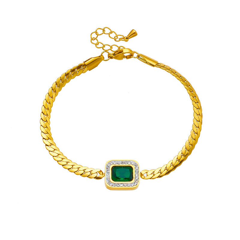 Bracciale da donna in Acciaio al titanio intrecciato minimalista vintage, verde, quadrato, intarsiato con strass