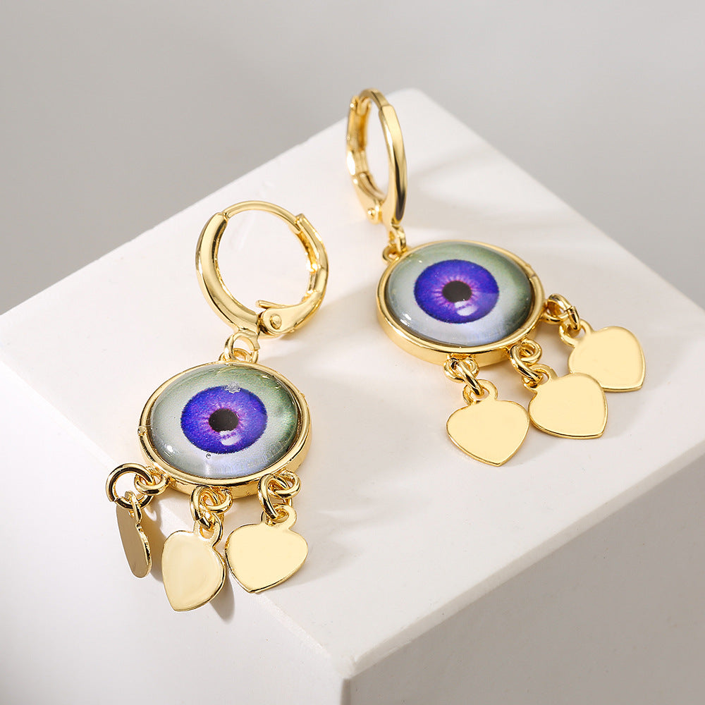 Minimalist Evil Eye Heart Pendant Earrings in Copper with Gold Plating for Women