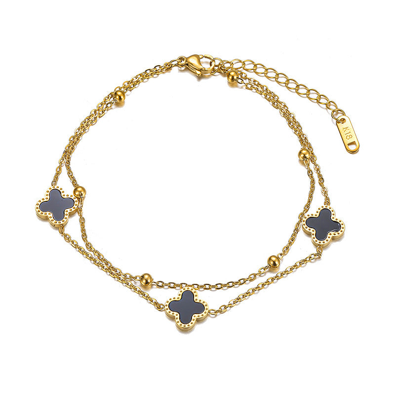 Minimalist Double Layer Four Leaf Clover Bracelet 18K Gold Plated Titanium Steel Women Jewelry